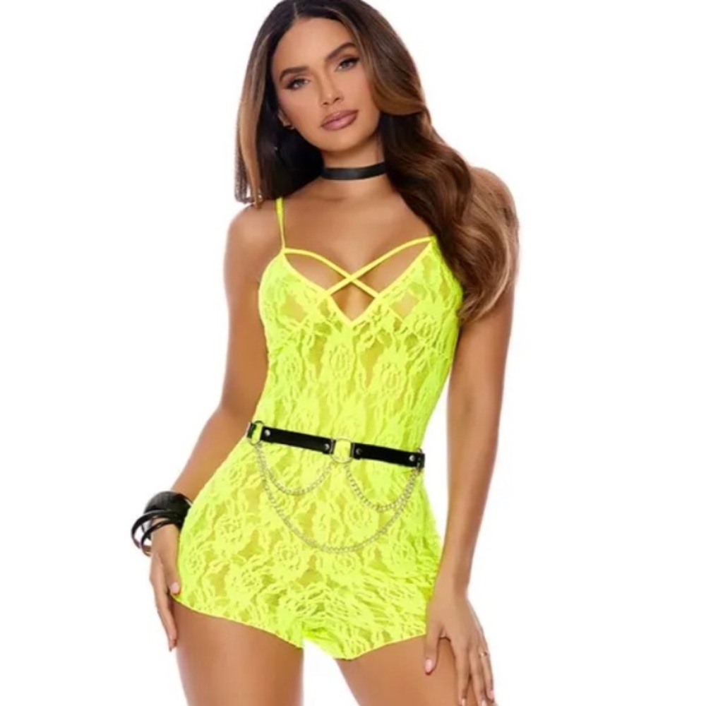 Neon Green Lace Romper Exotic Dancewear Stripper Outfit Ravewear